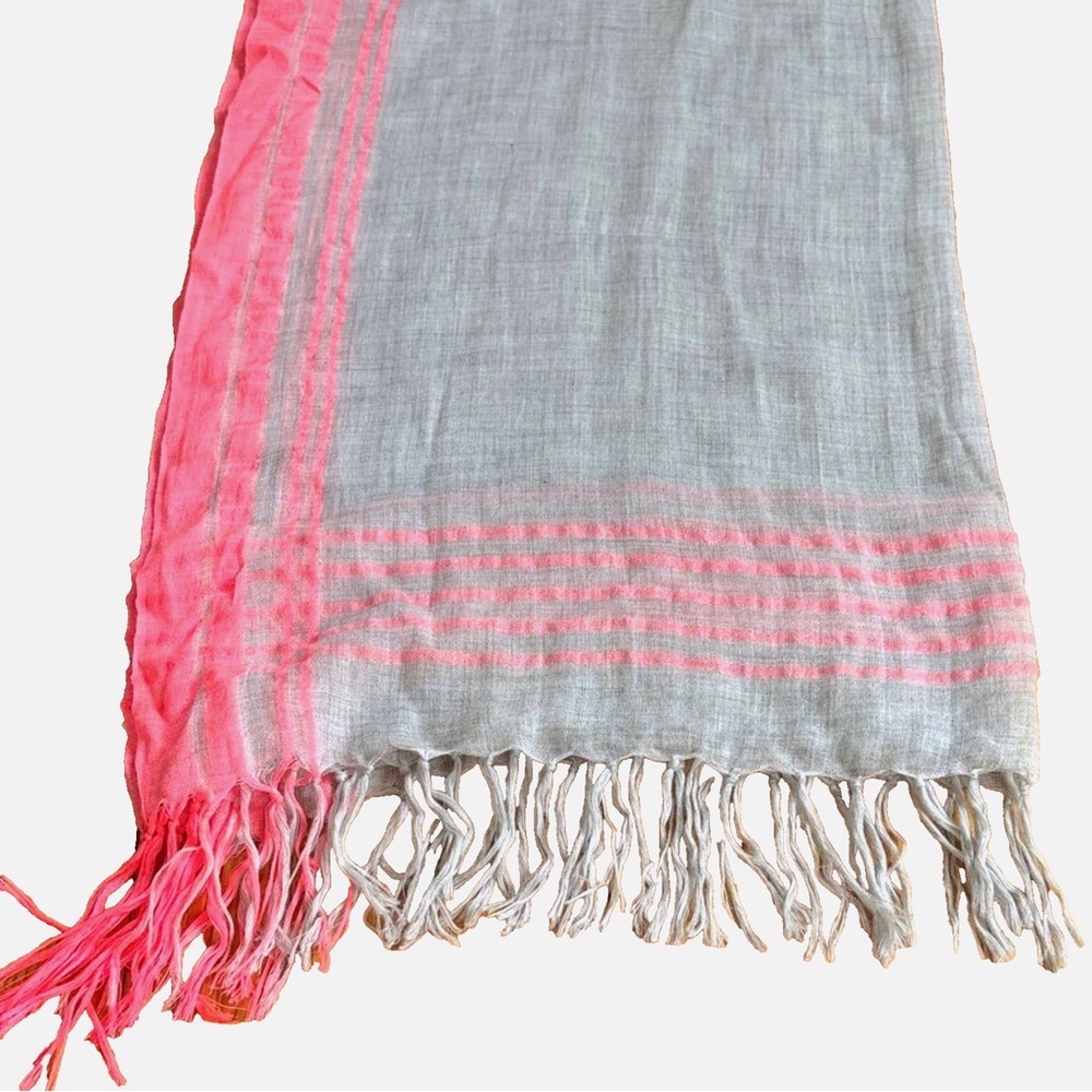 Ann Taylor LOFT Gray Pink Fringe Scarf Lightweight Wool Blend Striped Wrap